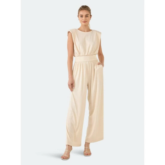 English Factory Shoulder Pad Jumpsuit With Smocked Waist Jumpsuits & Rompers Cream - Image 2
