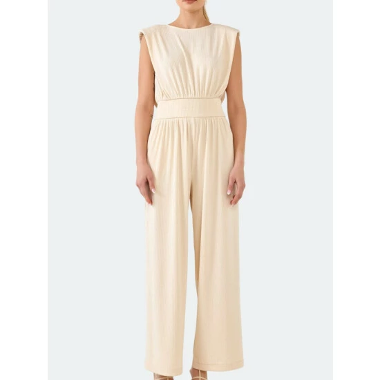 English Factory Shoulder Pad Jumpsuit With Smocked Waist Jumpsuits & Rompers Cream - Image 5