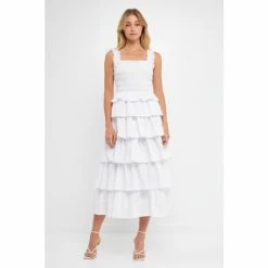 English Factory Smocked Bust Multi Ruffled Maxi Gown Dresses White