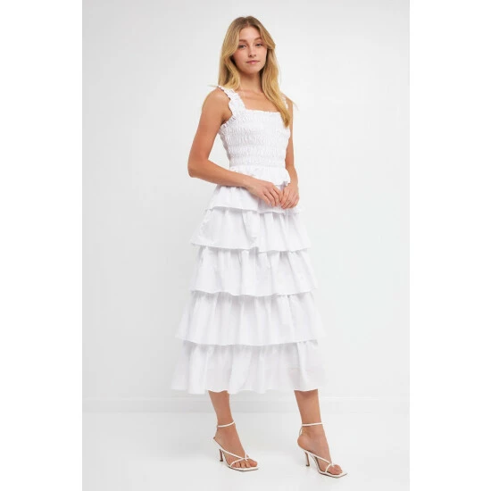 English Factory Smocked Bust Multi Ruffled Maxi Gown Dresses White - Image 2