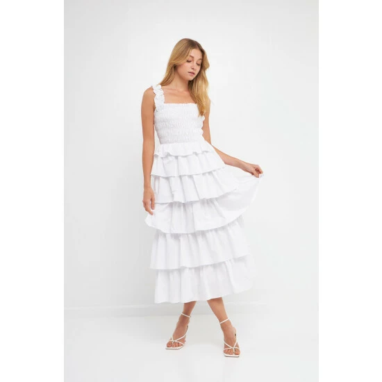 English Factory Smocked Bust Multi Ruffled Maxi Gown Dresses White - Image 3
