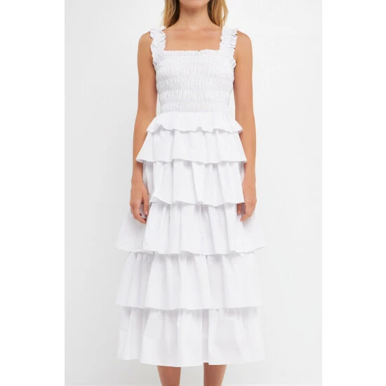 English Factory Smocked Bust Multi Ruffled Maxi Gown Dresses White - Image 5