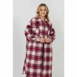 English Factory Oversize Plaid Long Coat With U Hemline Coats, Jackets & Blazers Burgundy