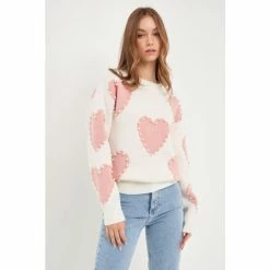 English Factory Pearl With Heart Pattern Sweater Sweatshirts & Sweaters Pink Multi