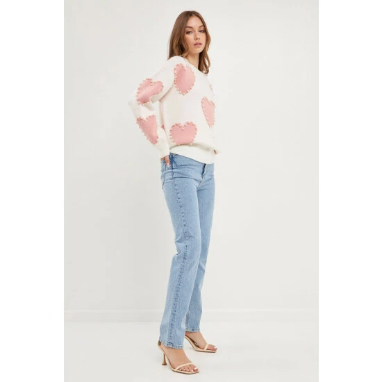 English Factory Pearl With Heart Pattern Sweater Sweatshirts & Sweaters Pink Multi - Image 3