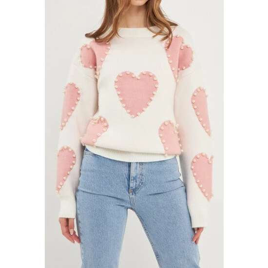 English Factory Pearl With Heart Pattern Sweater Sweatshirts & Sweaters Pink Multi - Image 5