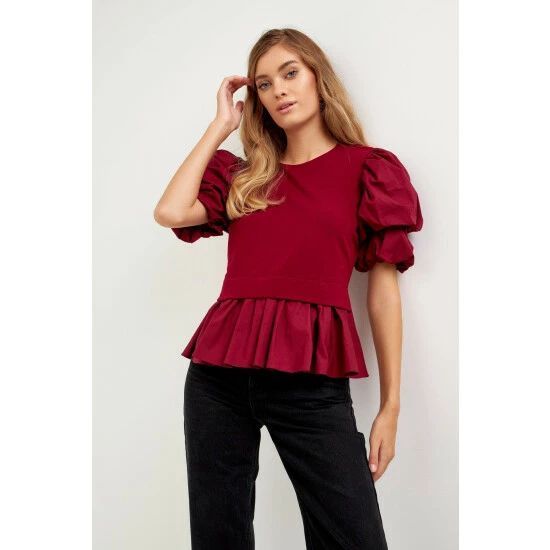 English Factory Puff Sleeve Mixed Media Top Tops Burgundy - Image 4