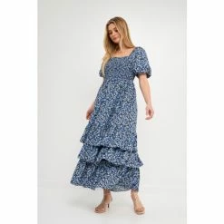 English Factory Textured Floral Printed Maxi Dress Dresses Navy Multi