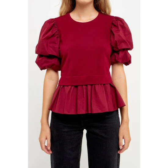 English Factory Puff Sleeve Mixed Media Top Tops Burgundy - Image 5