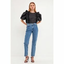 English Factory Double Ruffle Poplin Puff Sleeve Shirt Tops Black