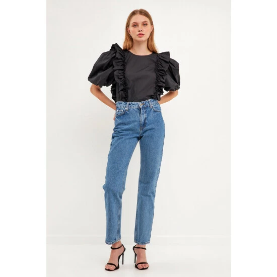 English Factory Double Ruffle Poplin Puff Sleeve Shirt Tops Black