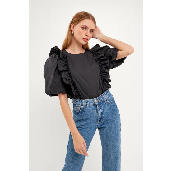 English Factory Double Ruffle Poplin Puff Sleeve Shirt Tops Black - Image 2