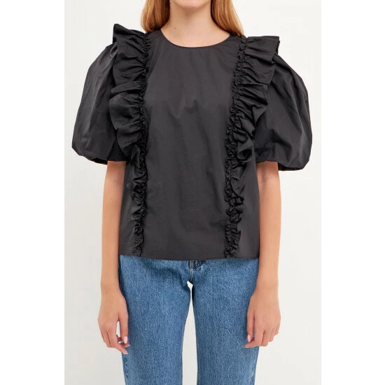 English Factory Double Ruffle Poplin Puff Sleeve Shirt Tops Black - Image 3