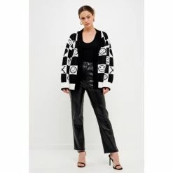 English Factory XOXO Smiley Face Cardigan Sweatshirts & Sweaters Black/white