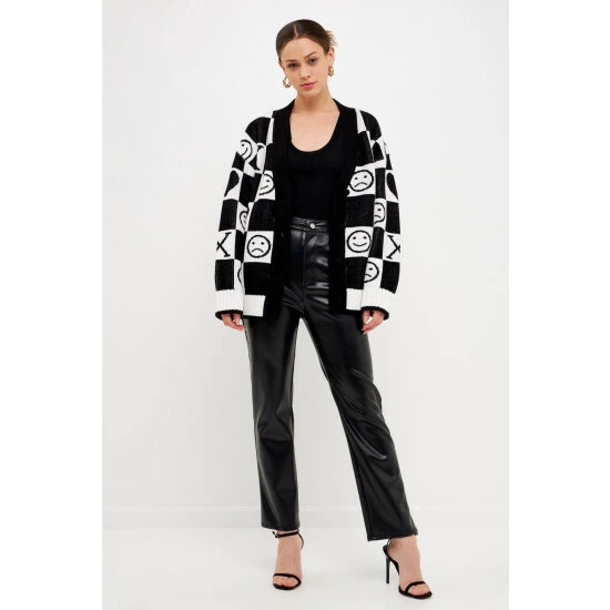 English Factory XOXO Smiley Face Cardigan Sweatshirts & Sweaters Black/white 1 English Factory XOXO Smiley Face Cardigan Sweatshirts & Sweaters Black/white