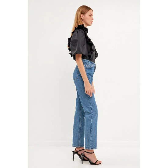 English Factory Double Ruffle Poplin Puff Sleeve Shirt Tops Black - Image 4