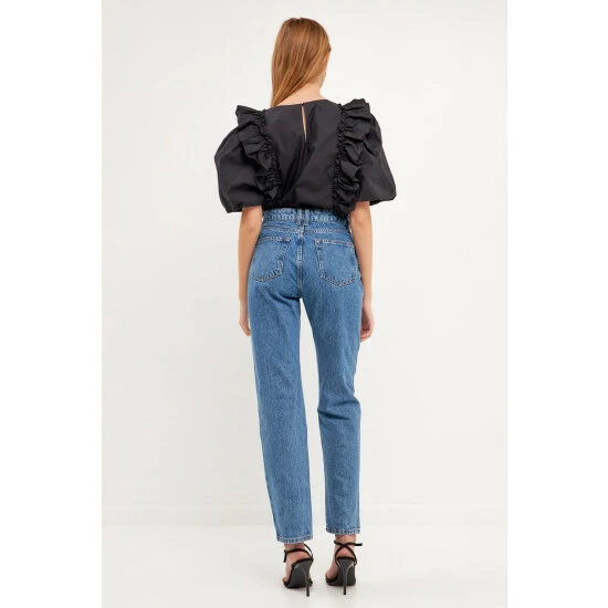 English Factory Double Ruffle Poplin Puff Sleeve Shirt Tops Black - Image 5