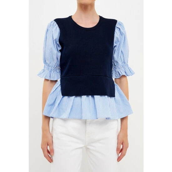 English Factory Sweater Poplin Mixed Top Tops Navy/blue Stripe - Image 9