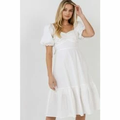 English Factory Puff Sleeve Back Bow Midi Dress Dresses White