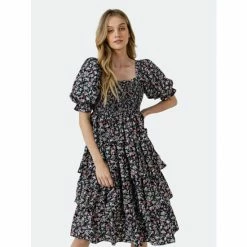 English Factory Floral Smocked Midi Tiered Dress Dresses Black
