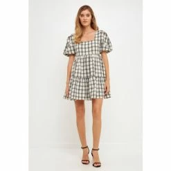 English Factory Tweed Mini Gingham Dress Dresses White
