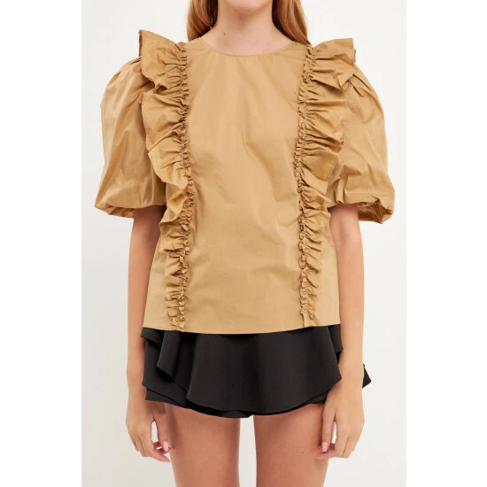 English Factory Double Ruffle Poplin Puff Sleeve Shirt Tops Black - Image 7