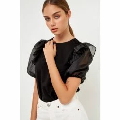 English Factory Mixed Media Organza Ruffled Puff Sleeve Top Tops Black