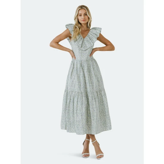 English Factory Floral Ruffled Midi Dress Dresses Blue Multi