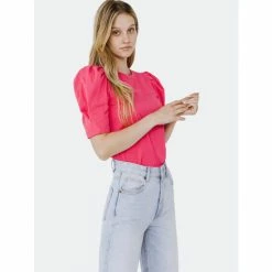 English Factory Short Puff Sleeve Knit Top Tops Fuchsia