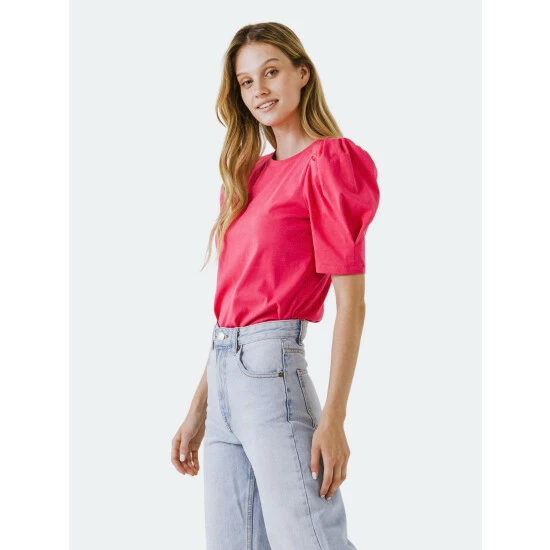 English Factory Short Puff Sleeve Knit Top Tops Fuchsia - Image 3