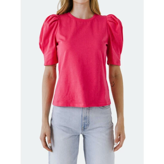 English Factory Short Puff Sleeve Knit Top Tops Fuchsia - Image 5
