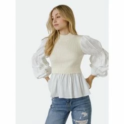 English Factory Knit Woven Combo Top Tops Ivory