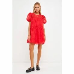 English Factory Gridded Puff Sleeve Dress - Red Dresses