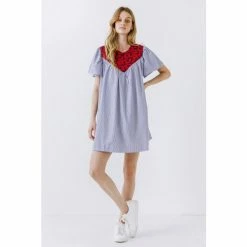 English Factory Floral Contrast Pin Stripe Dress Dresses Blue