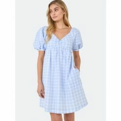 English Factory Gingham Linen Sweetheart Baby Doll Dresses Powder Blue