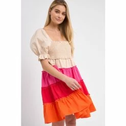English Factory Colorblock Smocked Puff Sleeve Mini Dress Dresses Multi