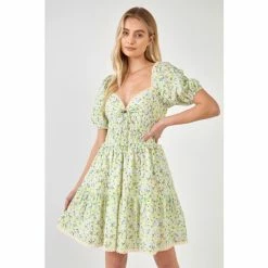 English Factory Shirred Waist Milkmaid Mini Dress Dresses Green Multi