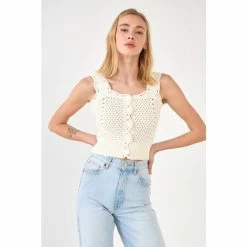English Factory Scallop Detail Button Detail Knit Tank Top Tops Ivory