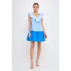 English Factory Colorblock Ruffled Shift Dress Dresses Blue