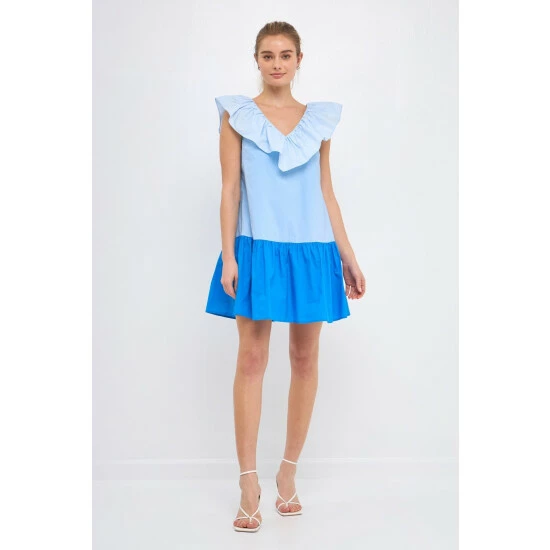 English Factory Colorblock Ruffled Shift Dress Dresses Blue