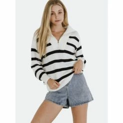 English Factory Striped Knit Zip Pullover Sweatshirts & Sweaters White