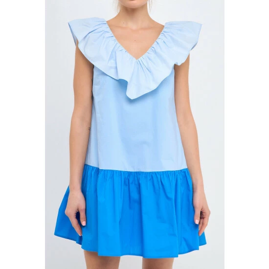 English Factory Colorblock Ruffled Shift Dress Dresses Blue - Image 3