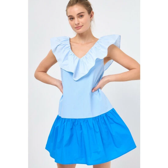 English Factory Colorblock Ruffled Shift Dress Dresses Blue - Image 4