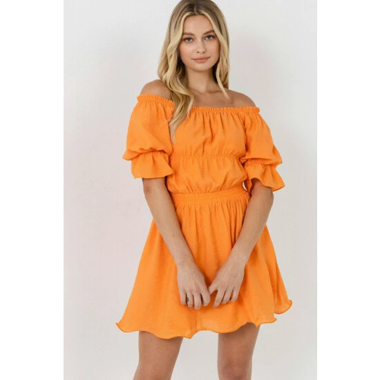 English Factory Off The Shoulder Flounced Mini Dresses Orange