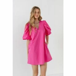 English Factory Puff Sleeve A Line Shift Mini Dress Dresses Fuchsia