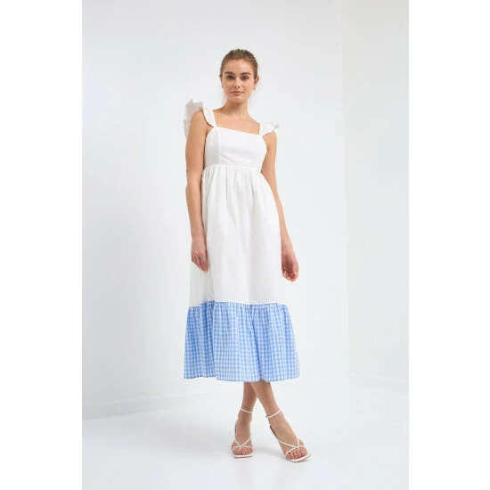 English Factory Shoulder Ruffled Gingham Accent Midi Dress Dresses Blue 1 English Factory Shoulder Ruffled Gingham Accent Midi Dress Dresses Blue