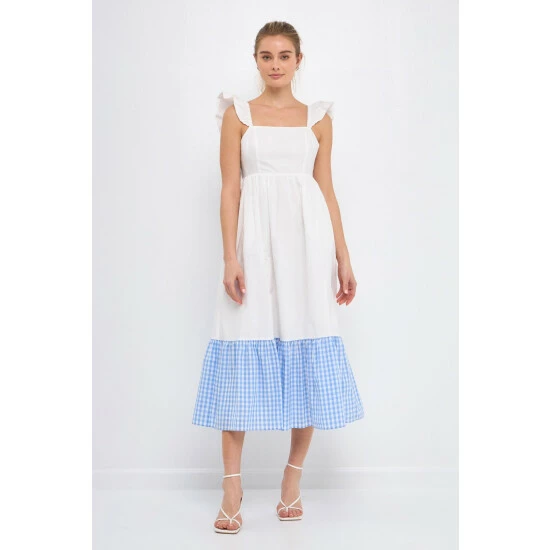 English Factory Shoulder Ruffled Gingham Accent Midi Dress Dresses Blue 2 English Factory Shoulder Ruffled Gingham Accent Midi Dress Dresses Blue - Image 2