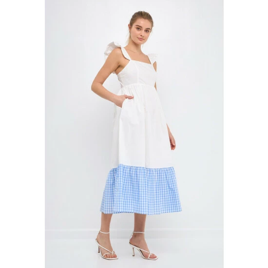 English Factory Shoulder Ruffled Gingham Accent Midi Dress Dresses Blue 3 English Factory Shoulder Ruffled Gingham Accent Midi Dress Dresses Blue - Image 3
