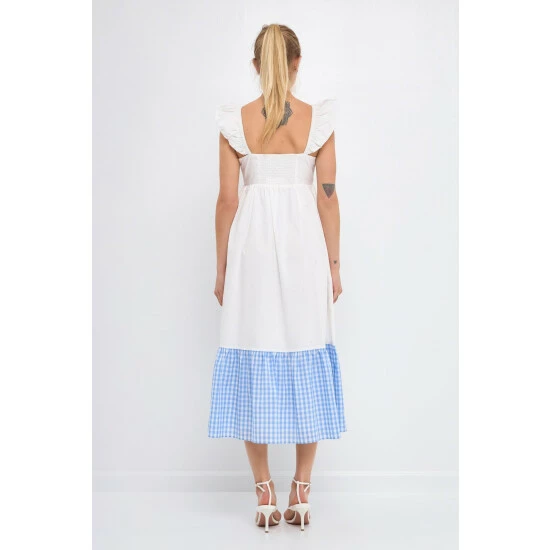 English Factory Shoulder Ruffled Gingham Accent Midi Dress Dresses Blue 4 English Factory Shoulder Ruffled Gingham Accent Midi Dress Dresses Blue - Image 4