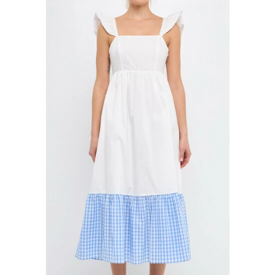 English Factory Shoulder Ruffled Gingham Accent Midi Dress Dresses Blue 5 English Factory Shoulder Ruffled Gingham Accent Midi Dress Dresses Blue - Image 5